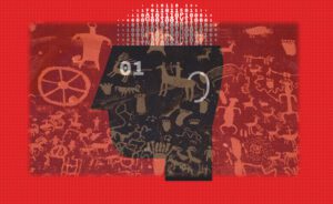 Ancient petroglyphs and symbols on a red background forming a tribal face.